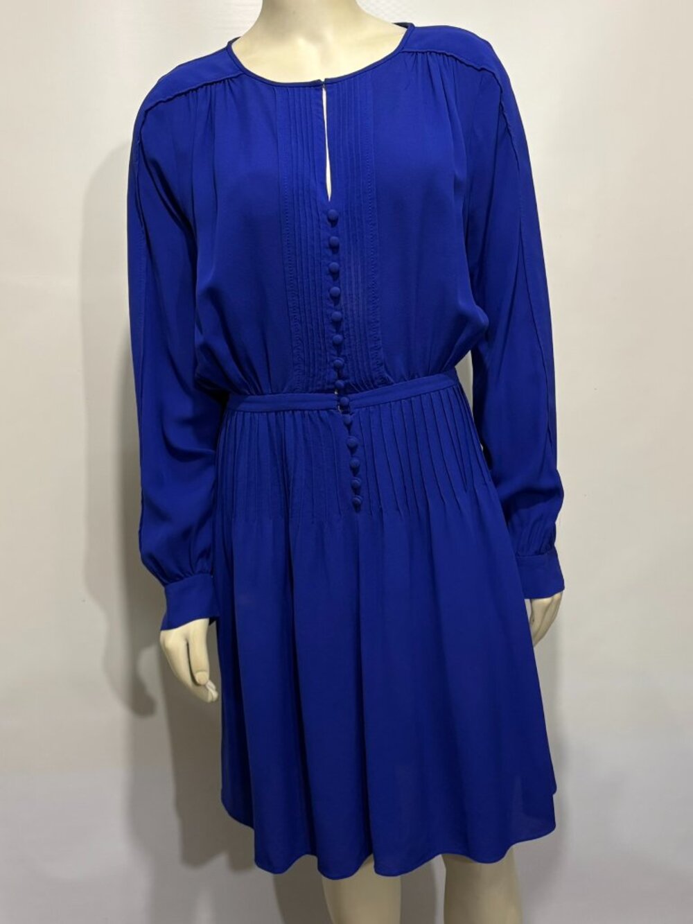 Diane von Furstenberg 10 Royal Blue Silk Pintuck Shirtdress Long-Sleeve